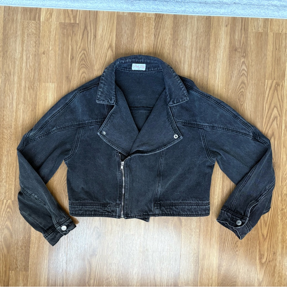 Pink Lily Acid Wash Black Denim Jacket